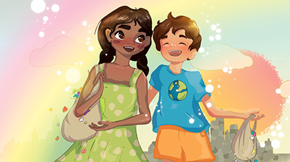 Illustration of a black dancer in a green dress en pointe and smiling, a small child in a blue T-shirt and orange shorts laughs next to her