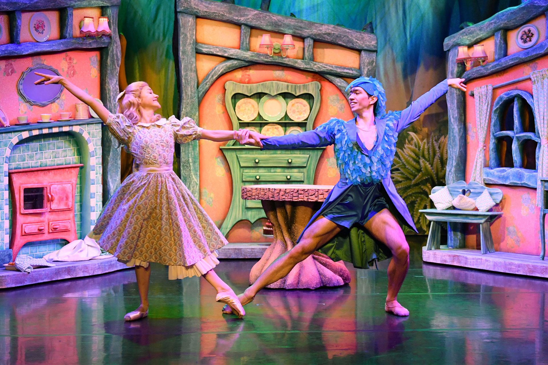Goldilocks & the Three Bears, production, 2016, Jenny Hackwell and Lorenzo Trossello as Blue Bird, photo Lauren Godfrey Goldilocks and Blue Bird dance together in the kitchen