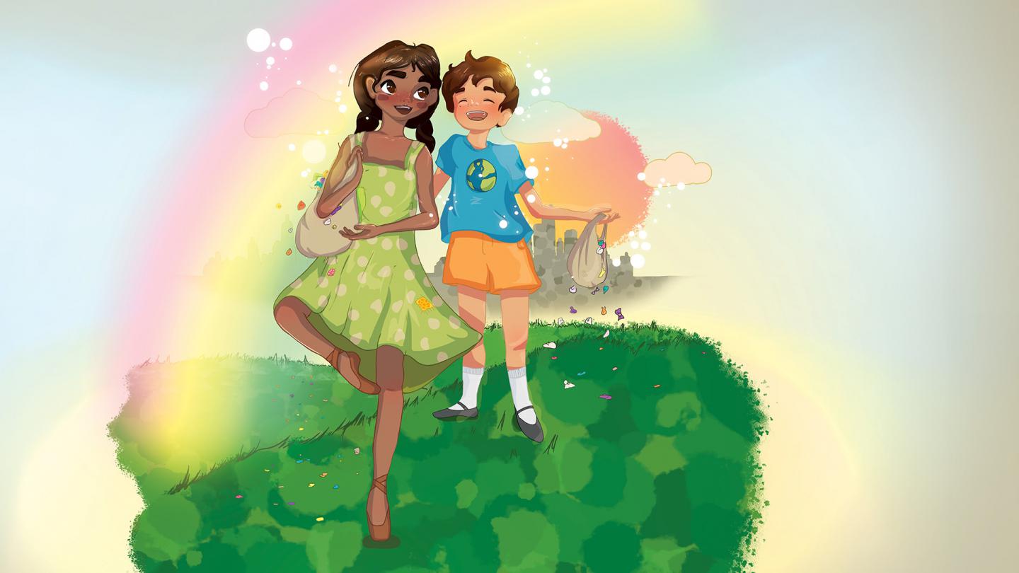 Illustration of a black dancer in a green dress en pointe and smiling, a small child in a blue T-shirt and orange shorts laughs next to her