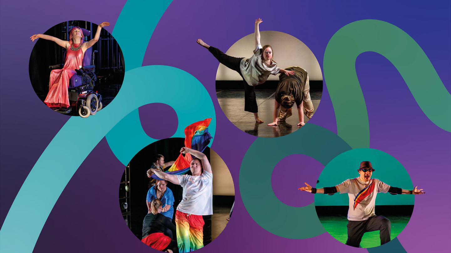 Four circles each featuring dancers of different abilities against a stylised purple backdrop with green and turquoise 'rivers' passing through