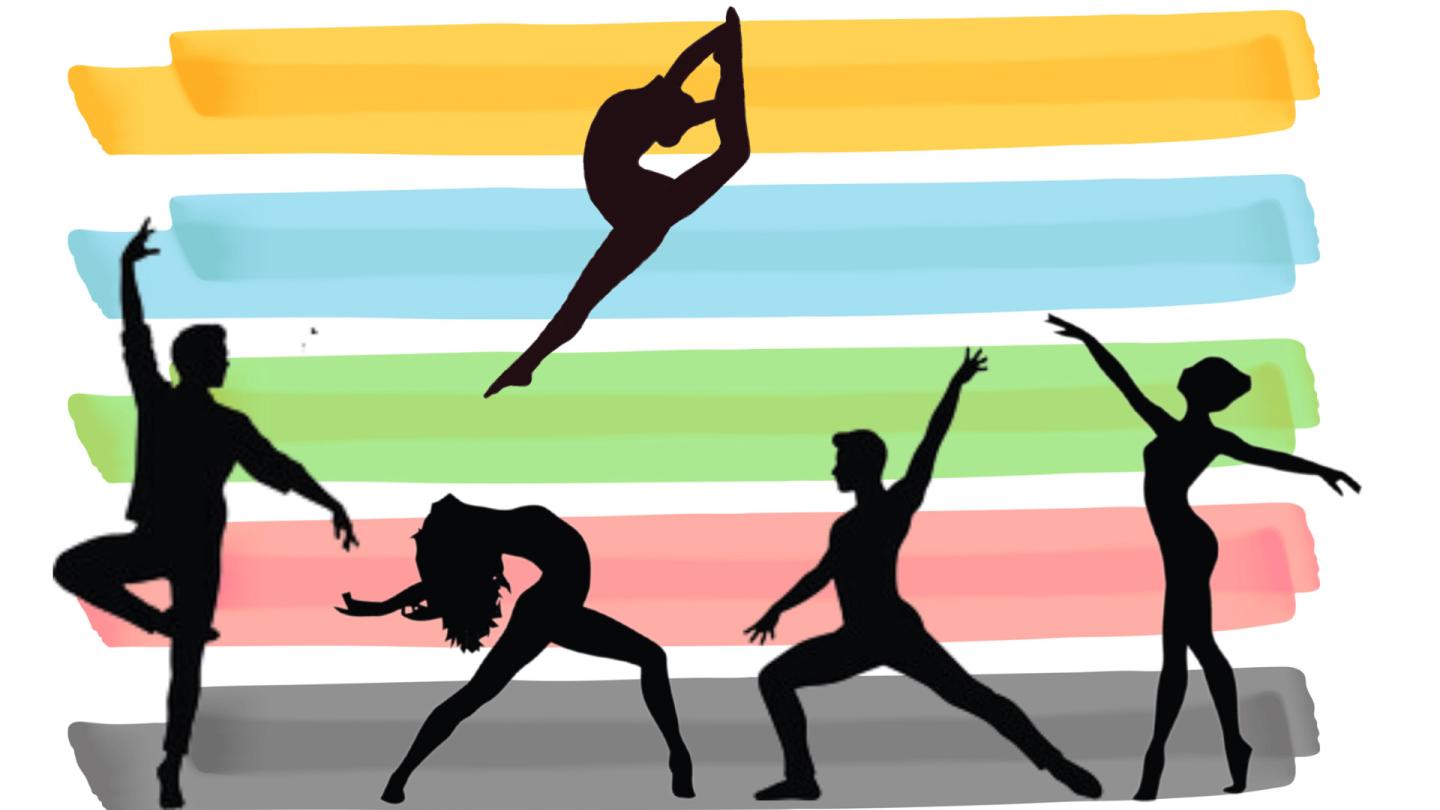 Five dancing figures in silhouette.