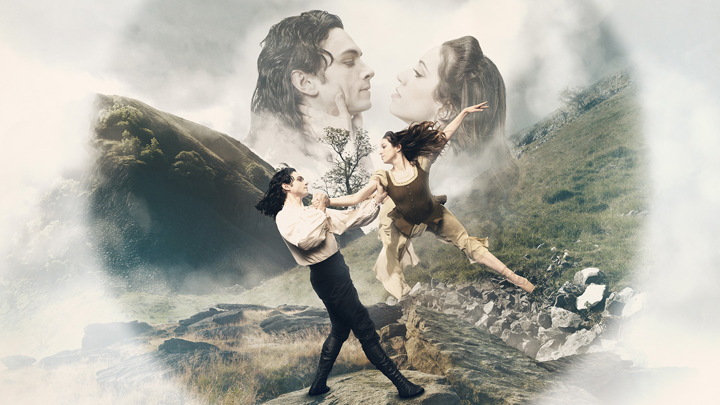 On the Moors a dancer leaps, at once constrained and freed by the man holding her arm, softer in the background they hold one another close either to fight or to kiss