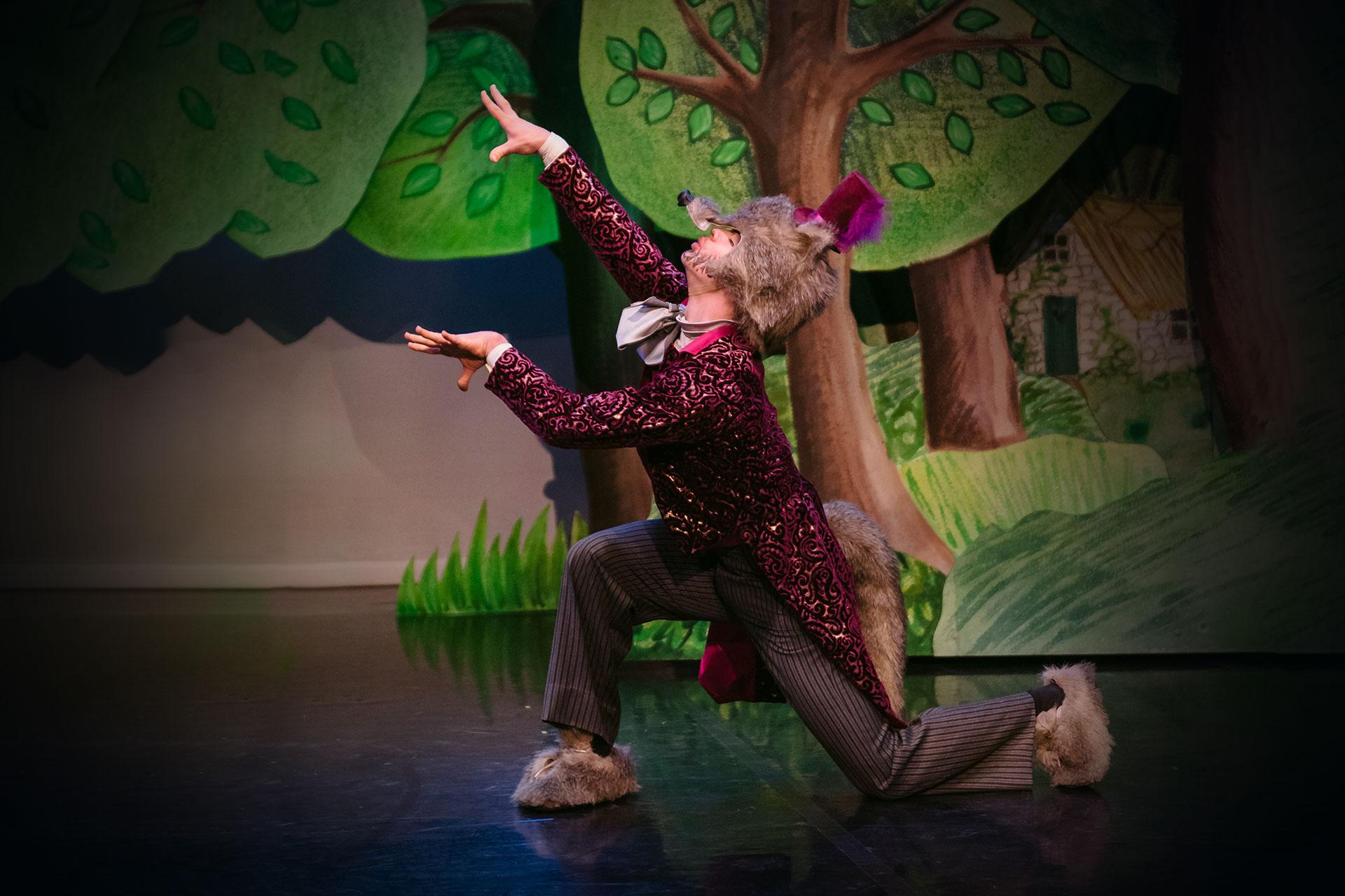 Little Red Riding Hood, production, 2019, Harris Beattie as Wolf, Photo Drew Forsyth Wolf is desperate to find some food