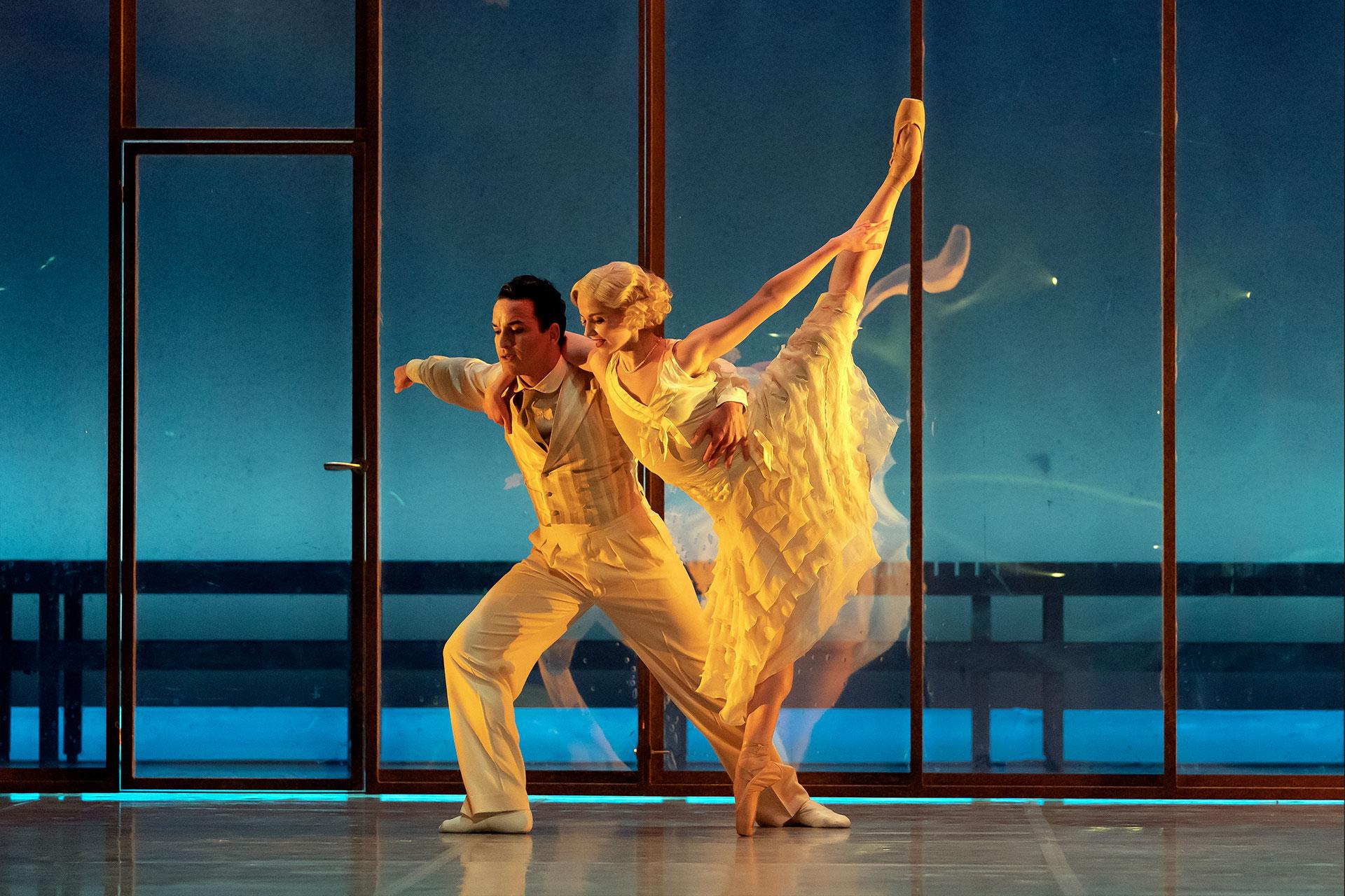 The Great Gatsby, production, 2019, dancers Javier Torres (Jay Gatsby) and Dominique Larose (Daisy), photo Emma Kauldhar Javier Torres and Dominique Larose in The Great Gatsby. Photo Emma Kauldhar