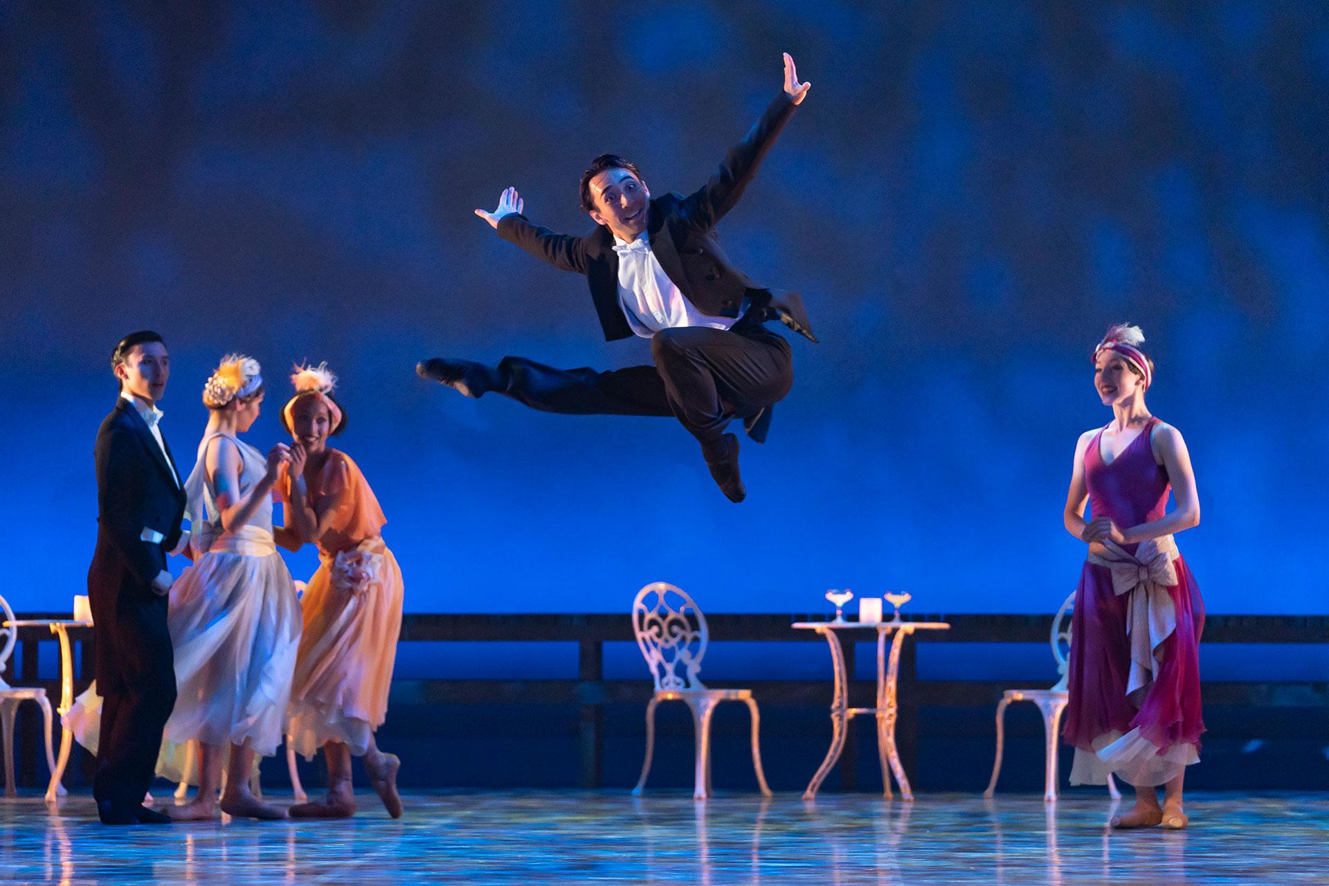 The Great Gatsby, production, 2019, dancer Riku Ito, photo Emma Kauldhar Northern Ballet dancer Riku Ito jumping impossibly high during the Charleston in The Great Gatsby. Photo Emma Kaudlahr.