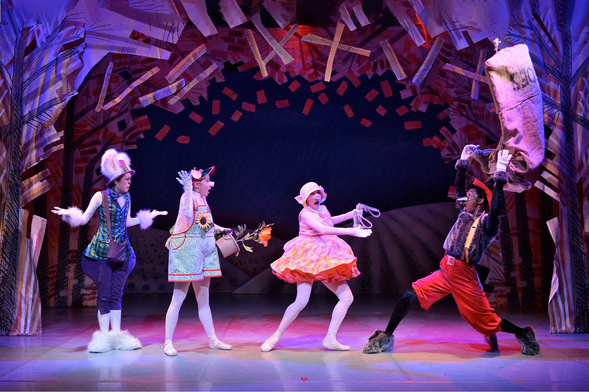 Rabbit runs through the woods with Straw and Stick Pig and run into Wolf