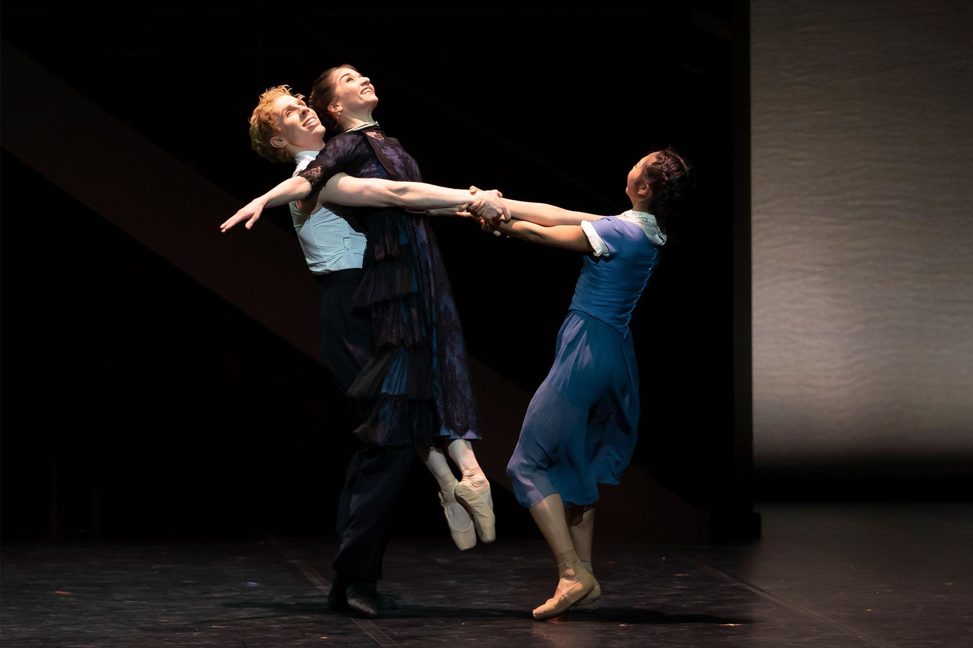 Victoria, production, 2019, Sean Bates, Pippa Moore and Miki Akuta, Liko, older Beatrice, young Beatrice, photo Emma Kauldhar Prince Beatrice is carried away by her memories of falling in love with Liko