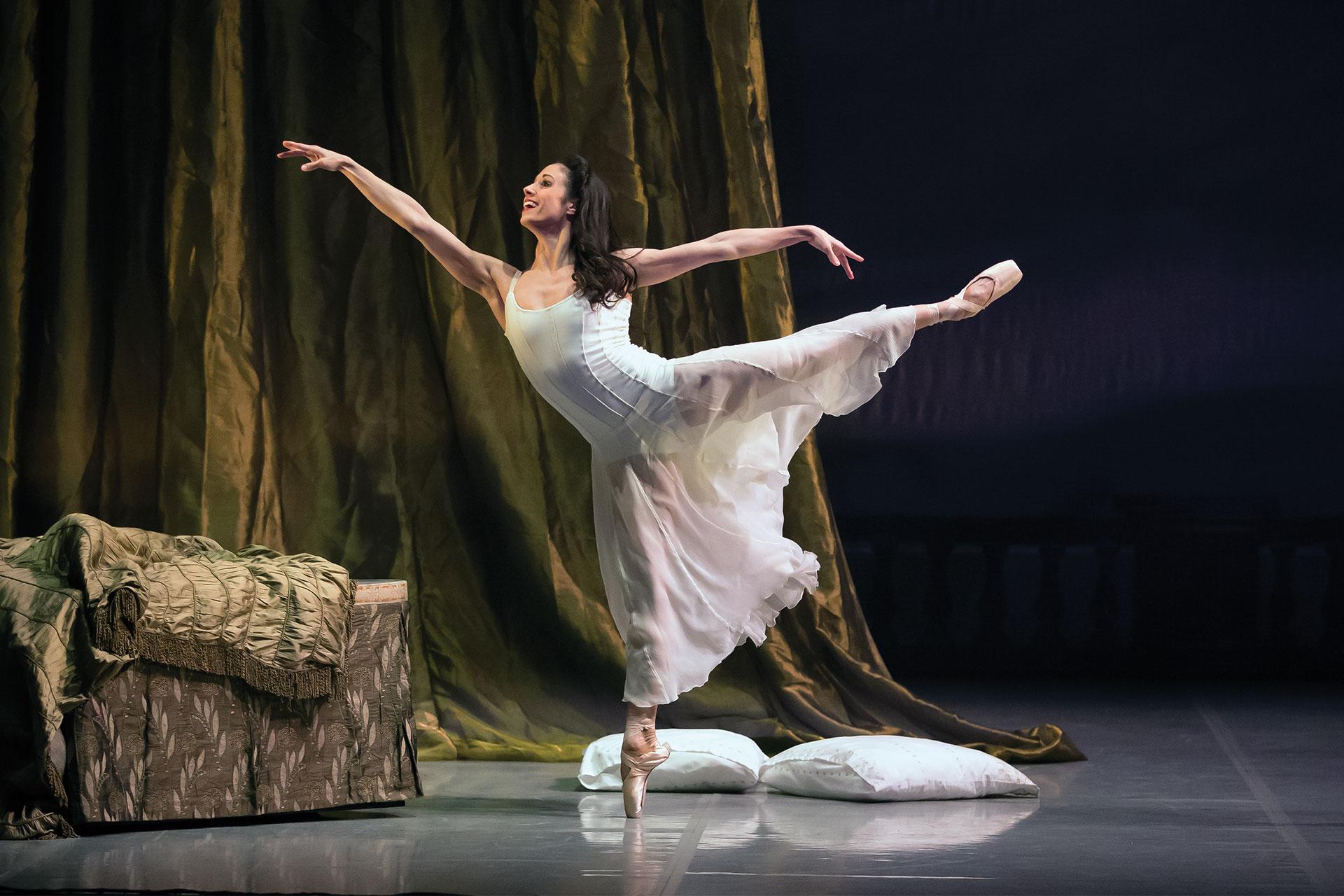 Wuthering Heights, production, 2015, Martha Leebolt as Cathy, photo Emma Kauldhar Cathy dances around her bedroom, full of happiness and joy