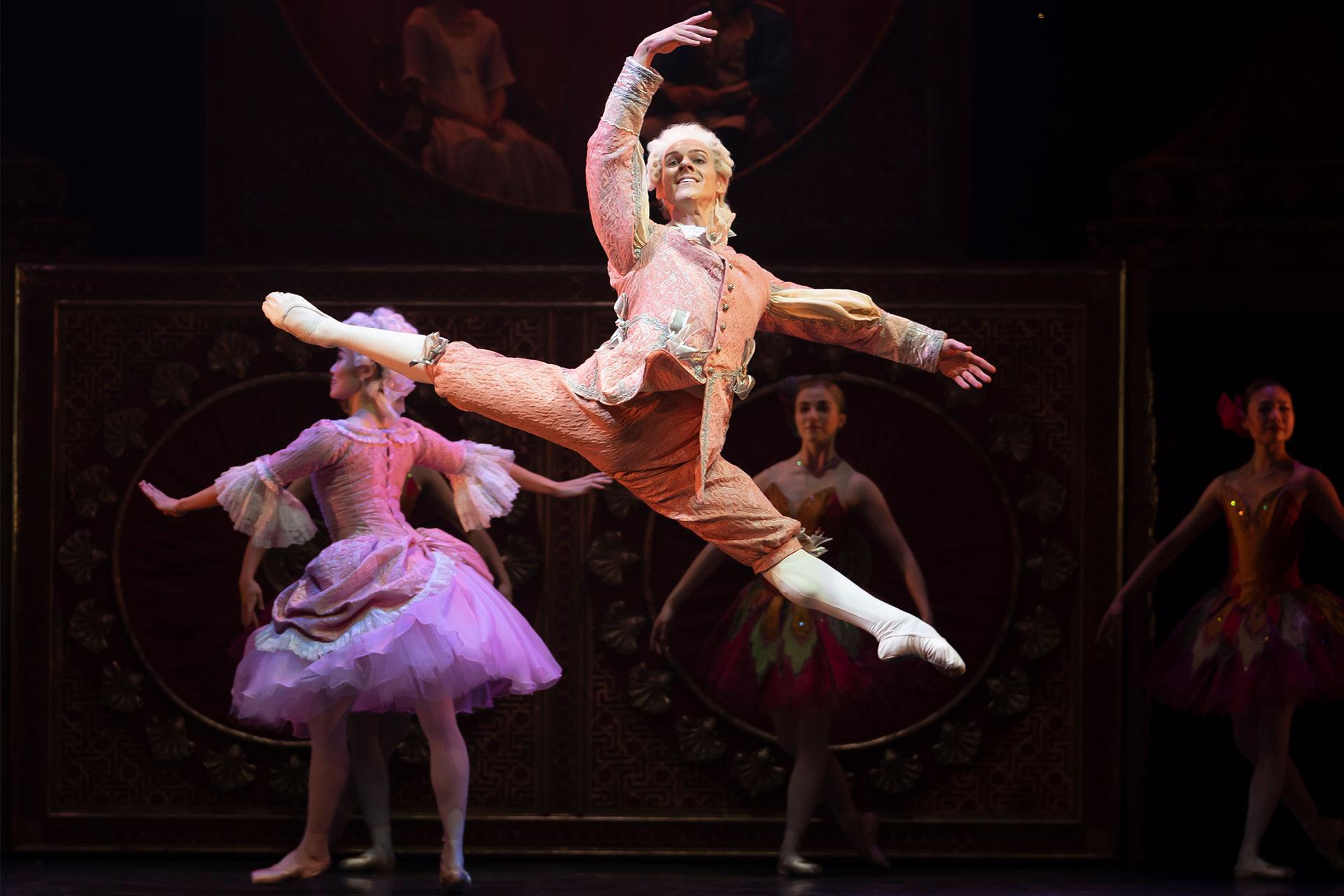 Jonathan Hanks performs in the dance of the French dolls in Northern Ballet's The Nutcracker. Photo Emma Kauldhar