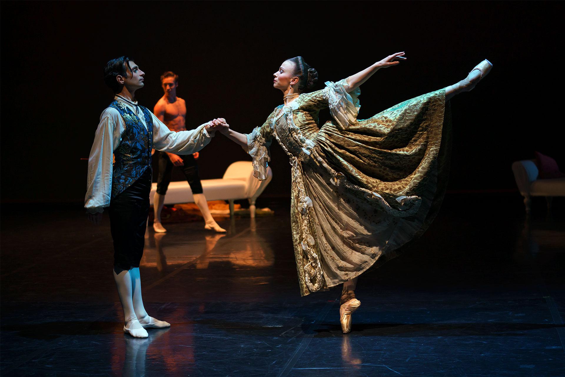 Filippo Di Vilio as Chevalier Danceny and Abigail Prudames as the Marquise de Merteuil in Dangerous Liaisons. Photo Emma Kauldhar