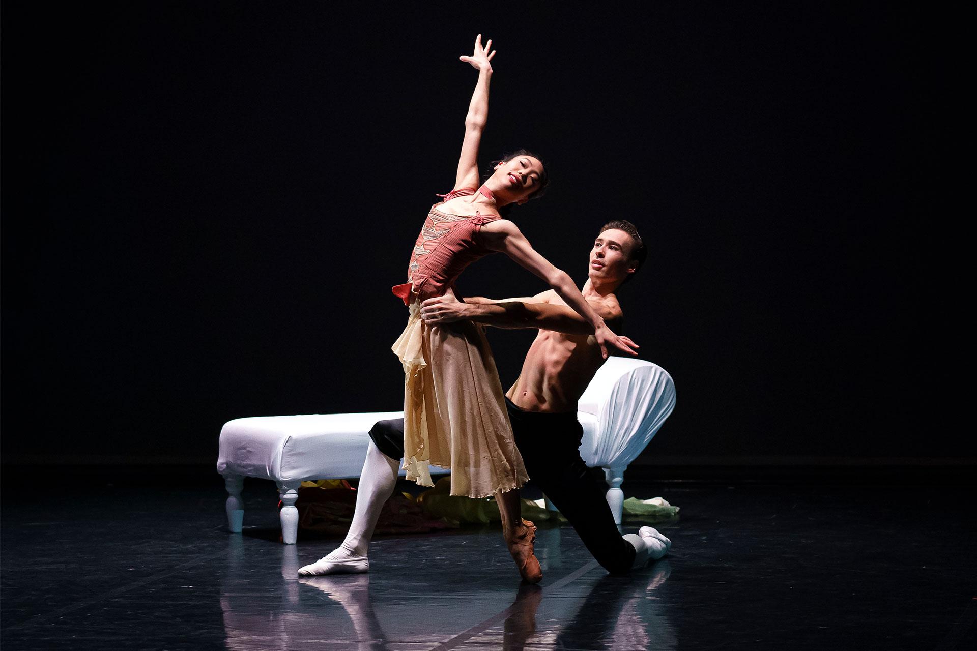 Dangerous Liaisons, production, 2020, Sarah Chun and Joseph Taylor, Courtesan Emilie and Valmont, photo Emma Kauldhar Sarah Chun as Courtesan Emilie and Joseph Taylor as Valmont in Dangerous Liaisons. Photo Emma Kauldhar
