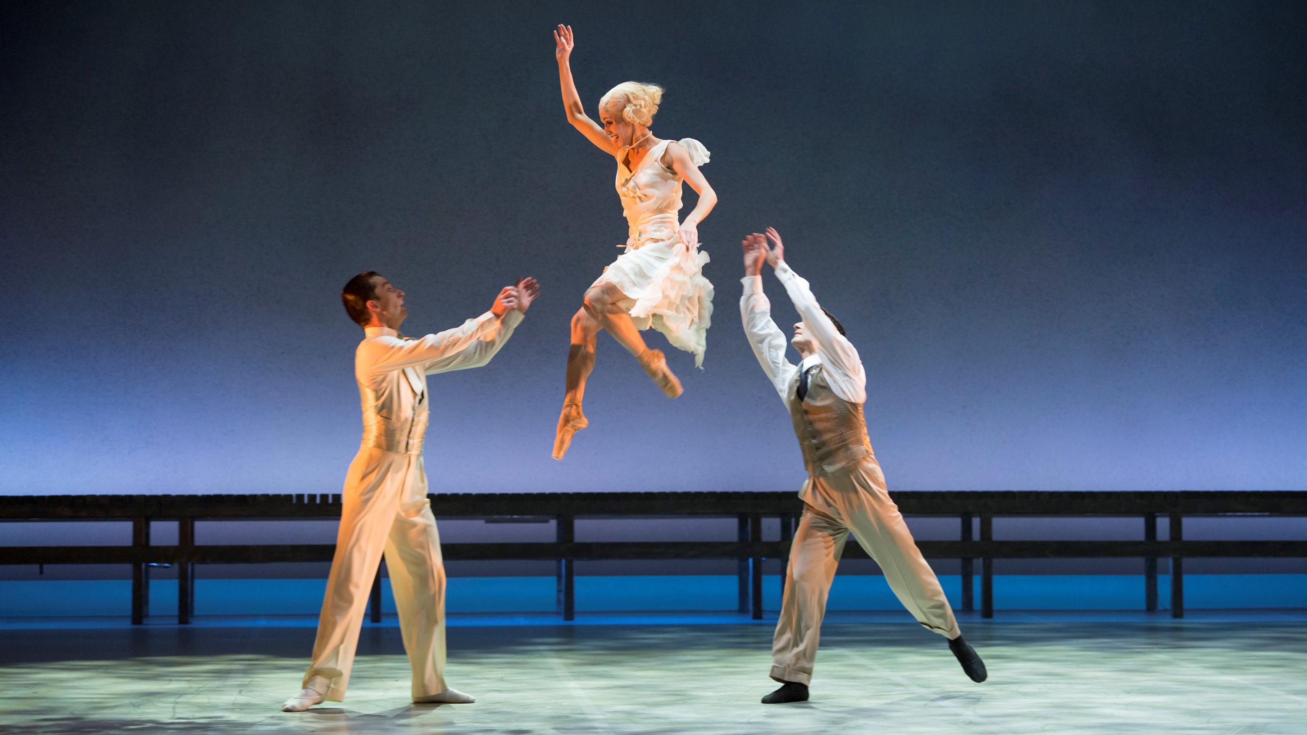 A photo of Northern Ballet's Tobias Batley, Martha Leebolt and Guiliano Contadini as in David Nixon OBE's The Great Gatsby. Photo by Bill Cooper, 2013.