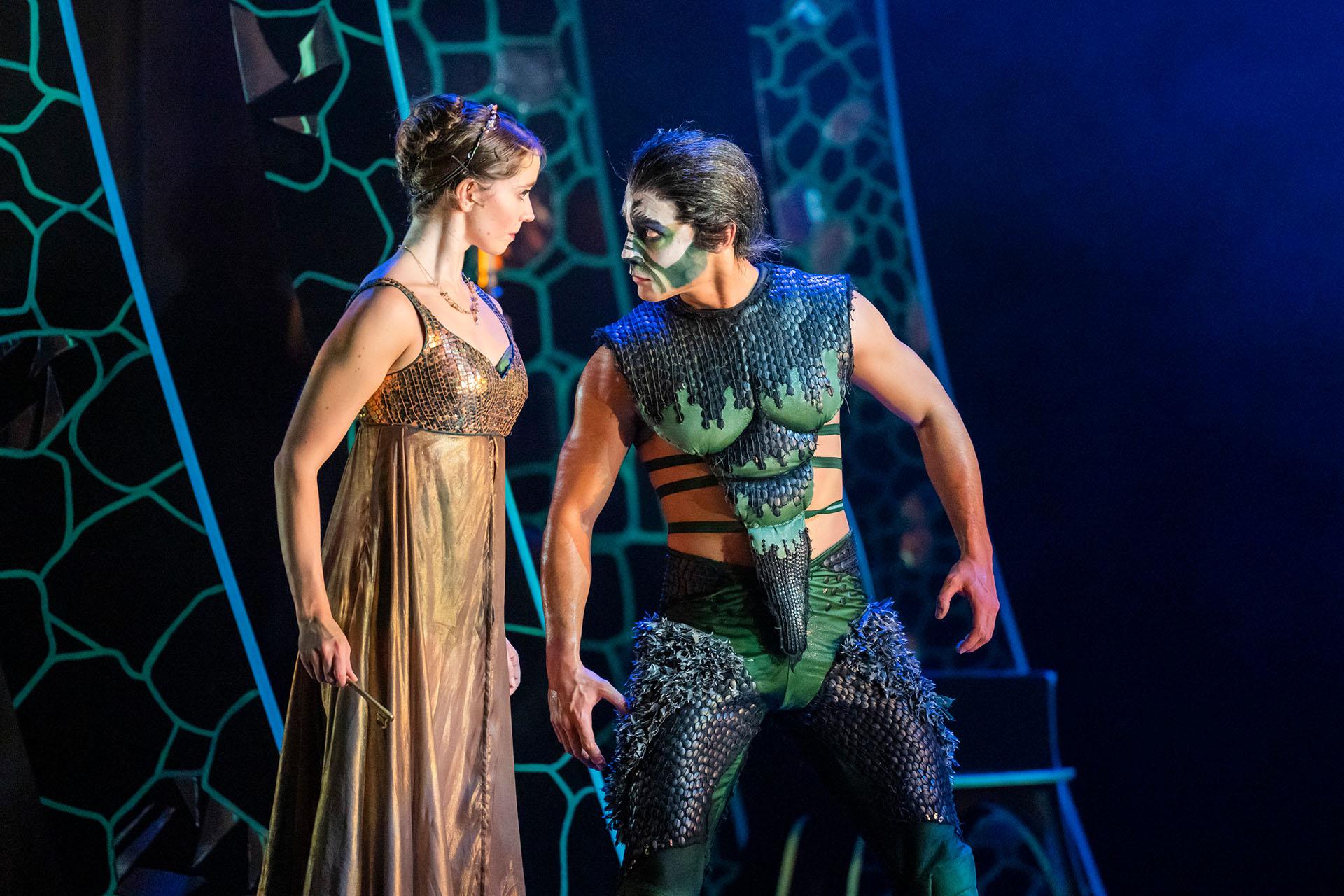 Beauty and the Beast, production, 2023, dancers Dominique Larose, and Kevin Poeung, photo Tristram Kenton Beauty and Beast stand close and stare intensively and each other, both uncertain of the other
