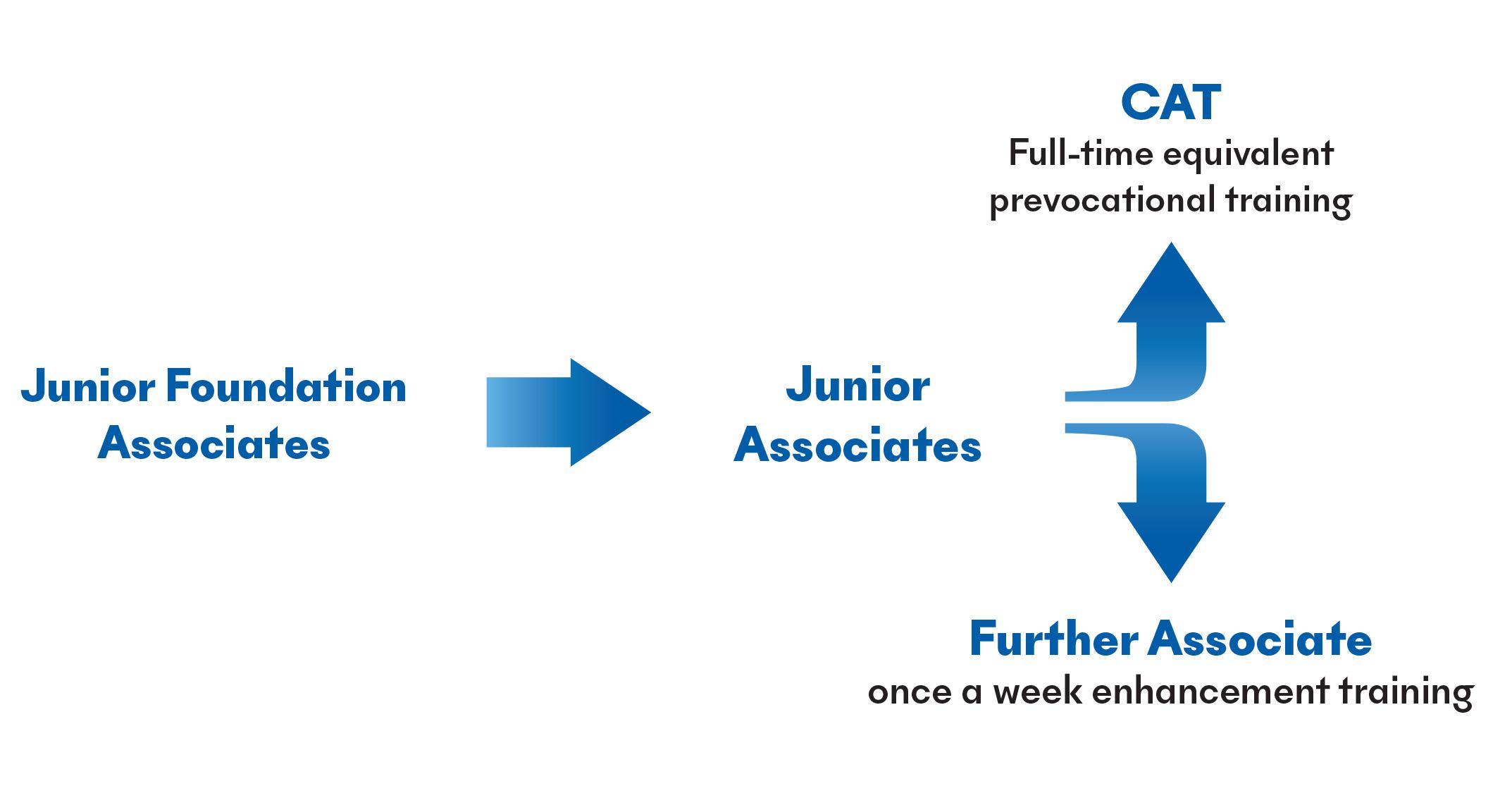 Junior Foundation Associates feeds into Junior Associates, from there people can go into CAT (full-time equivalent vocational training) or Further Associates (once a week enhancement training)