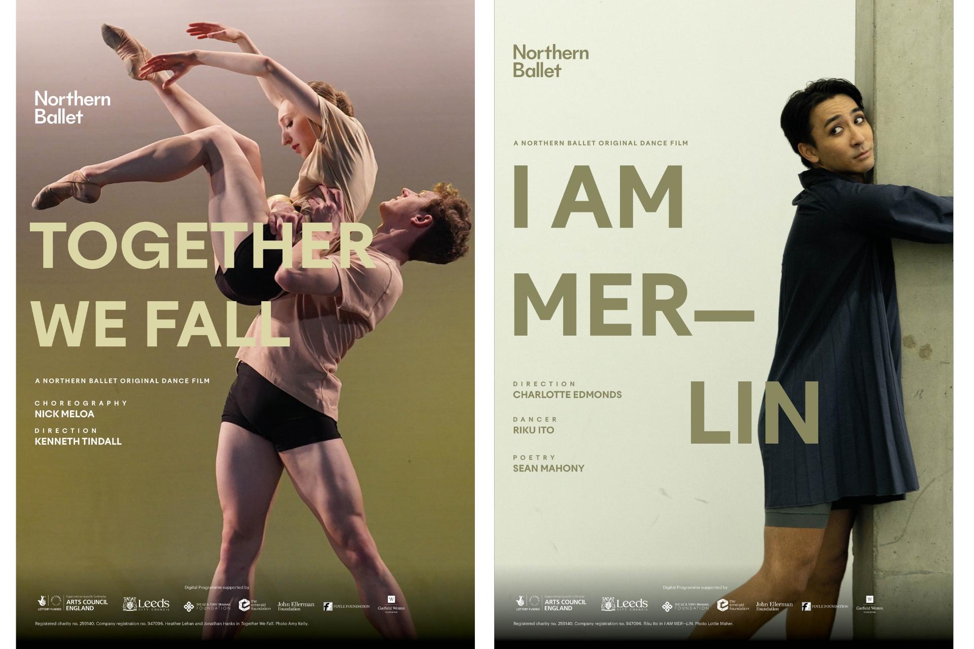 Posters from original dance films, Together We Fall and I Am Merlin