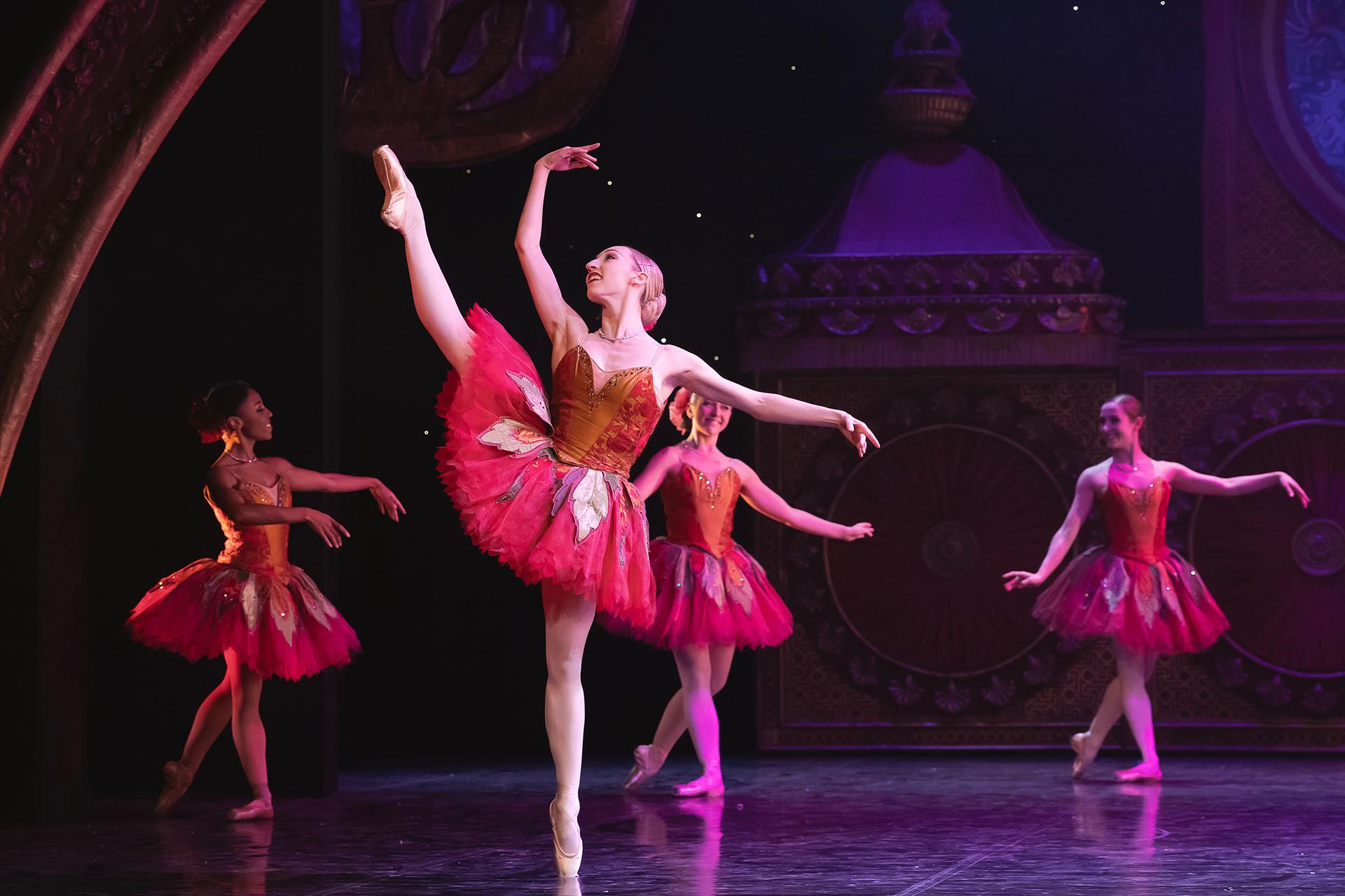 A dancer stood on pointe in a pink tutu with one leg raised high