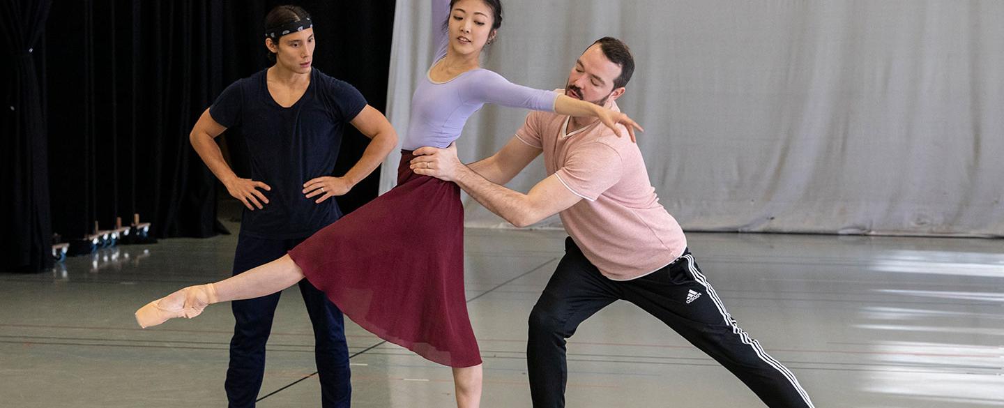 ayami Miyata and Kevin Poeung with the choreographer, Kenneth Tindall, rehearsing Geisha. Photo Lauren Godfrey.