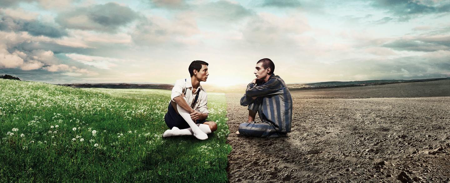 Kevin Poeung and Filippo Di Vilio on the poster for The Boy in the Striped Pyjamas. Photo by Guy Farrow