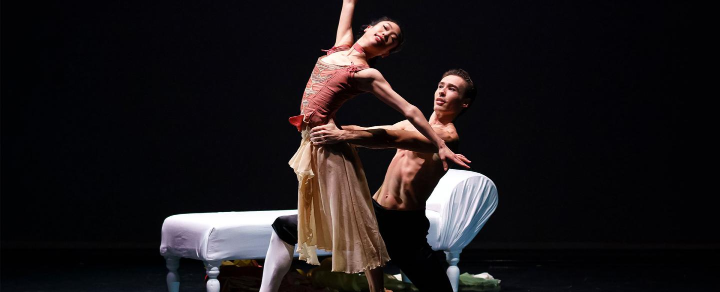 Sarah Chun as Courtesan Emilie and Joseph Taylor as Valmont in Dangerous Liaisons. Photo Emma Kauldhar