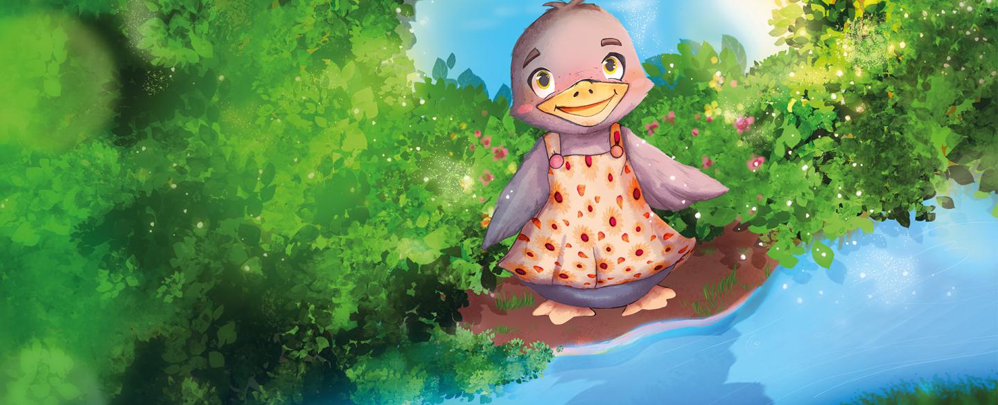 A happy, illustrated duck sitting by a riverbank.