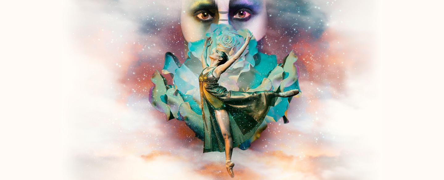 Woman standing arabesque with her arms in fifth in front of a large white rose being looked at by a beast.