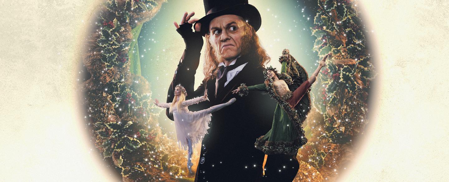 Poster image of A Christmas Carol with Scrooge in his top hat looking mean and in front of him the ghosts of Christmas past and present.