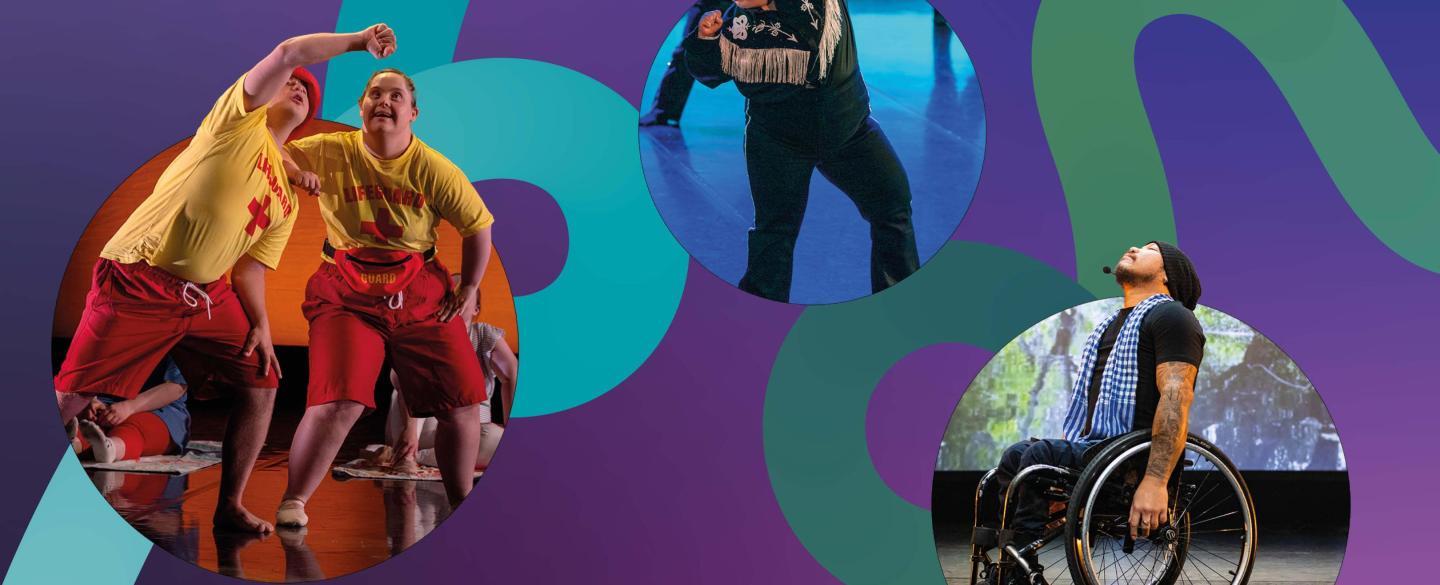 Three circles, each featuring dancers of different abilities, against a stylised purple backdrop with green and turquoise swirls passing across the background.