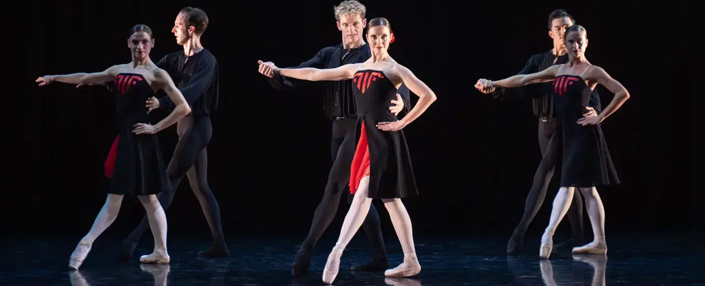 Three pair of dancers, each couple with a woman in from and a man behind both holding one arm out horizontally