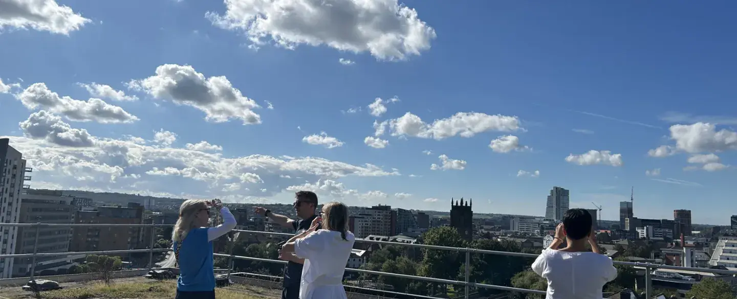On Northern Ballet's HQ roof, the site of future solar panels and looking out at Leeds Minster