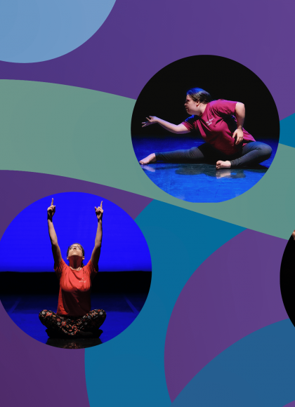 A purple background with 6 images in bubbles of people dancing on stage. There are green and blue swirls on the background of the image.