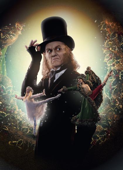 Poster image of A Christmas Carol with Scrooge in his top hat looking mean and in front of him the ghosts of Christmas past and present.