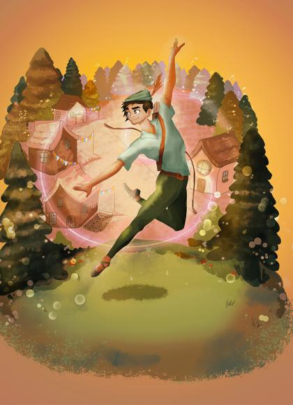 Cartoon illustration of dancer leaping wearing a green cap with a red feather, a bow across his back and a quiver on his shoulder