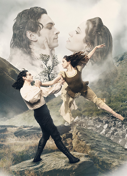 On the Moors a dancer leaps, at once constrained and freed by the man holding her arm, softer in the background they hold one another close either to fight or to kiss