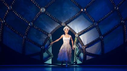 Northern Ballet dancer Minju Kang as Cinderella arriving at the Ball in a shimmering dress. Photo Emma Kauldhar.