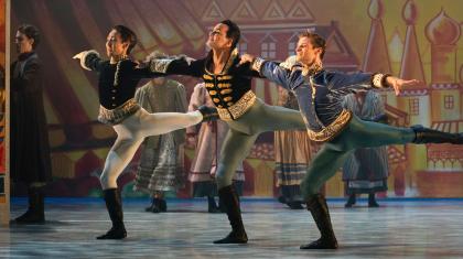 Dancers Riku Ito, Javier Torres and Nicola Gervasi in Cinderella. Photo Emma Kauldhar