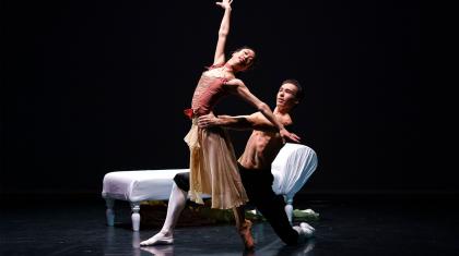 Sarah Chun as Courtesan Emilie and Joseph Taylor as Valmont in Dangerous Liaisons. Photo Emma Kauldhar