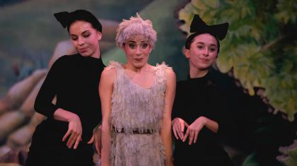 Three female dancers in two cat costumes and a duckling