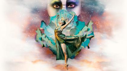 Woman standing arabesque with her arms in fifth in front of a large white rose being looked at by a beast.