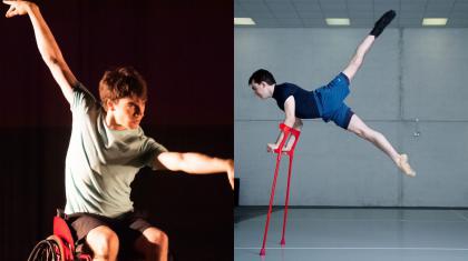 Joseph is sat in a wheelchair with his arms stretched on the left, and on the right he is lifting himself up on red crutches with both his legs swung behind him.