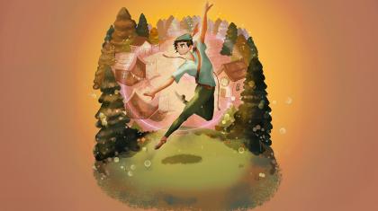 Cartoon illustration of dancer leaping wearing a green cap with a red feather, a bow across his back and a quiver on his shoulder